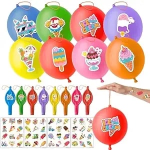72 Pcs Ice Cream Party Favors - 48 Pre-Cut Temporary Tattoos & 24 Punch Balloons - Summer Birthday Goodie Bag Fillers For Kids