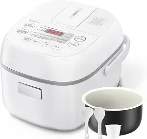 Toshiba Mini Rice Cooker, 3 Cups Uncooked, For 1-3 People, Steamer And Warmer, Fuzzy Logic, One-Touch Cooking, 24-Hour Delay Timer, Auto Keep Warm, White