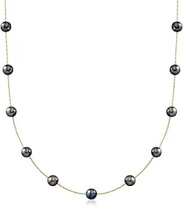 Ross-Simons 6-6.5mm Black Cultured Pearl Station Necklace In 14kt Yellow Gold