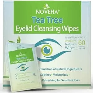 Noveha 60pcs Tea Tree Oil Eyelid & Lash Wipes - With Hyaluronic Acid, Green Tea & Chamomile For Blepharitis, Itchy & Stye Eyes, Individually Wrapped, Natural Eyelash Makeup Remover & Daily Cleanser