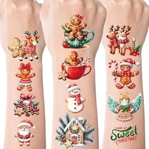 Merry Christmas Gingerbread Temporary Tattoos, 8 Sheets Gingerbread Birthday Party Decorations, Cute Ginger Man Cookies Santa Claus Tattoo Stickers For Xmas Party Favors Decor Gifts