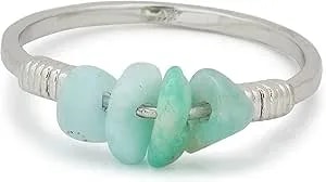 Pura Vida Silver Plated Wire Wrapped Gemstone Ring W/Natural Amazonite - Brass Base, Rhodium Plating - Size 5-9