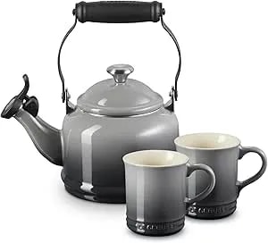 Le Creuset Enamel On Steel Demi Kettle With Metal Finishes & Stoneware Set Of 2 Mugs, 1.25 Qt. Kettle & (2) 14 Oz. Mugs, Oyster