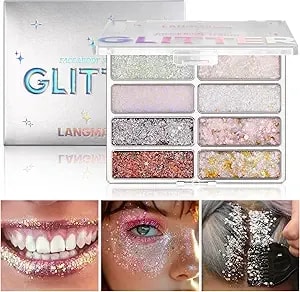Langmanni 8 Colors Face & Body Glitter Palette - Holographic Changing Sparkling Mermaid Sequins For Women Girls Music Festival Party Rave Makeup(#A)