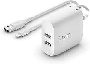 Belkin 24W Dual Port USB Wall Charger - Lightning Cable Included - Iphone Charger Fast Charging - USB Charger Block For Power Bank, Iphone 14, Iphone 13, Iphone 12, Iphone 11, Ipad Pro, Samsung & More