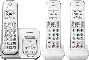Panasonic Cordless Phone With Answering Machine, Link2Cell Bluetooth Home Phones, Voice Assistant And Advanced Call Blocking, Expandable System With 3 Handsets - KX-TGD863W (White)