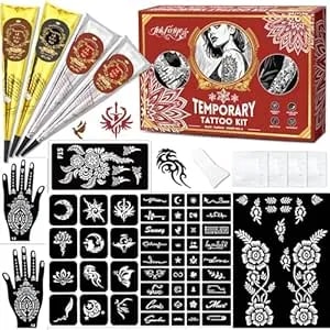 Temporary Tattoos Kit, Waterproof Fake Tattoos With Tattoo Inks 4 Pcs 3 Color (1 Black,1 Maroon 2 Cherry Red), Temporary Tattoo Stencil Set For Women Men Kids, Party Festival Christmas Gift