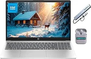 HP 15.6" Business Laptop Computer With Microsoft 365, 32GB RAM 640GB Storage (128GB SSD + 512GB External), Windows 11, Intel N200, Sagenova Earphones & Docking Station, Natural Silver