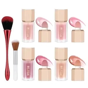 4 Color Liquid Blushs With Brush, Soft Cream Long-Lasting Moisturizing For Cheeks, Buildable Lightweight Facial Blush Set For Daily Makeup