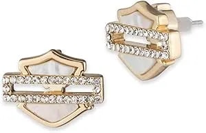 Harley-Davidson Women'S Mother Of Pearl Bar & Shield Stud Earrings, Gold Plated