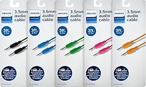 Philips 3.5mm Aux Cable 5 Multicolor Pack, 3 Ft., Male To Male Auxiliary Cord, Stereo Audio, For Headphones, Car, Stereo Speakers, Smartphones, Black, Blue, Green, Pink, Orange, swa3703a/37