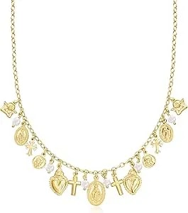 Ross-Simons Italian 18kt Gold Over Sterling Religious-Inspired Charm Necklace With 4.5-5mm Cultured Pearls. 18 Inches