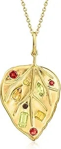 Ross-Simons 0.93 Ct. T.W. Multi-Gemstone Leaf Pendant Necklace In 18kt Gold Over Sterling. 18 Inches