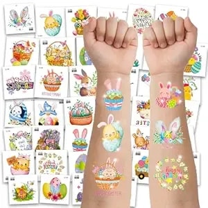 Glitter Easter Tattoos For Kids, Pre-Cut Glitter Easter Temporary Tattoos, Basket Stuffers & Egg Fillers Stickers For Boys Girls, Non-Toxic Skin-Safe Easy To Apply & Remove For Teens (40 Sheets)