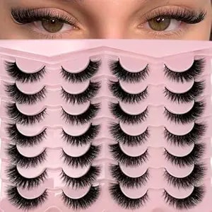 Loladook Cat Eye Lashes Natural Look Short Fluffy 16mm Faux Mink Full Strip Lashes Pack 3d C Curl Volume Fox Eye False Eyelashes 14 Pairs