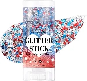 Dageda Red White Blue Body Glitter Stick, Sparkly Face Glitter Makeup, 4th Of July Outfits Accessories For Women, Shimmer Face Paint Stick, Fourth Of July Independence Day Costumes Accessories(Star)