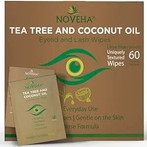 Noveha 60pcs Tea Tree & Coconut Oil Eyelid & Lash Wipes - For Demodex, Blepharitis & Itchy Eyes, Individually Wrapped Eyelash Wipes With Aloe Vera, Natural Makeup Remover & Daily Eye Cleanser