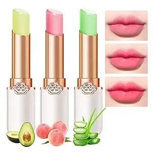 Bingbrush Peach Color Changing Lipstick,Moisturizer Long Lasting Lip Care Lip Balm Magic Lip Gloss Lip Tint Stain Gloss Set For Women (3 Pcs Aloe + Peach + Avocado Lipstick)
