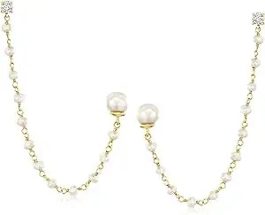 Ross-Simons 3-7.5mm Cultured Pearl And .40 Ct. T.W. Cz Double-Piercing Earrings In 18kt Gold Over Sterling