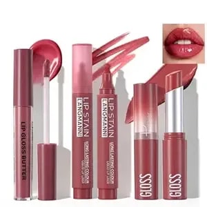 3pcs Lip Combo Set, Lip Gloss, Lip Balm And Matte Liquid Lip Liner Set For Perfectly Defined Lips, Long-Lasting Smudge-Proof High Pigment Stunning Color Finish 2# Fuchsia Purple