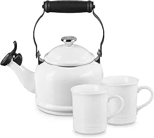 Le Creuset Enamel On Steel Demi Kettle With Metal Finishes & Stoneware Set Of 2 Mugs, 1.25 Qt. Kettle & (2) 14 Oz. Mugs, White