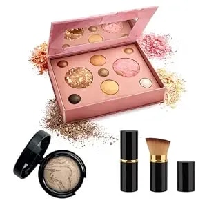 K'Apeine Baked Makeup Kit- 9colors Brown Makeup Palette, Baked Powder Foundation & Makeup Brush, Portable Makeup Kit Long Lasting,High Pigment, Waterproof For Women Beginners-03