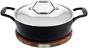 All-Clad Cast Iron Enameled Deep Skillet With Acacia Trivet 10 Inch Induction Oven Broiler Safe 650f Pots And Pans, Cookware Black