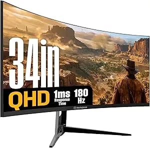 Westinghouse 34 Inch Curved Ultrawide Gaming Monitor, 180hz, 1 Ms, Amd Freesync Support, Low Motion Blur, 1500r Curve, 3440 X 1440, For Pc Games With Built In Speakers, 2x Displayport, 2x Hdmi