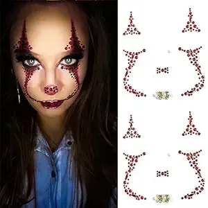 2 Pack Red Face Gems Jewels Tattoos For Halloween,Day Of The Dead Skull Rhinestone Temporary Face Tattoo Stickers For Women Men Cosplay Makeup Outfit