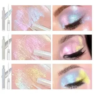3pcs Multichrome Liquid Eyeshadow Set,Multi-Dimensional Fairy Makeup,High Pigment Waterproof Aurora Eye Shadow,Ultre Fine Tip Glitter Eyeliner (01 Aurora+02 Twilight+03 Moonbow)