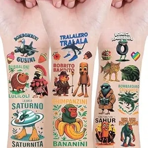 42 Pcs Italian Brainrot Temporary Tattoos Sticker,Brainrot Birthday Party Favors,Tralalero Tralala And Tung Tung Tung Sahur Tattoos, Fake Tattoo Stickers, School Rewards Prizes & Gifts