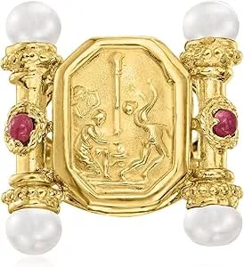 Ross-Simons Italian Tagliamonte 5-5.5mm Cultured Pearl And .40 Ct. T.W. Ruby Etruscan-Style Ring In 18kt Gold Over Sterling