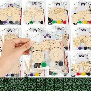 Monster Truck Party Favors - 24 Set Wooden Painting Craft Kit With Glow In The Dark Temporary Tattoos, Monster Truck Style Birthday Decorations Goodie Bag Stuffers Prizes Gifts