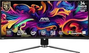 Msi Mag 341cqp Qd-Oled, 34 Curved Oled Gaming Monitor, 3440 X 1440 (Uwqhd), 0.03ms Response Time, 175hz, Adaptive Sync, True Black Hdr 400, Hdmi, Dp Port, Usb Type C, Tilt, Height, Black