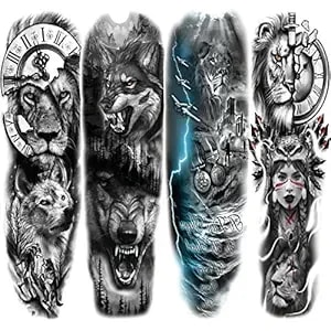 Lion Wolf Temporary Tattoo Sleeve, Large Full Arm Animal Tribal Fake Tattoos Sleeve For Men Women Adult, Long Lasting Black Arm Temp Tatoo Sticker Leg Body Art Makeup, 4-Sheet
