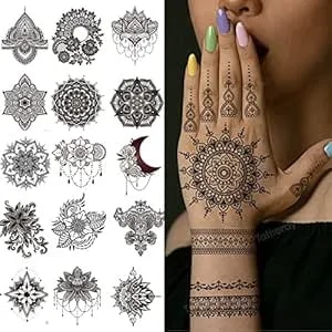 Henna Tattoos -20 Sheets Flower Temporary Tattoos Henna Flower Lace Design Waterproof Tattoo Stickers For Women Wedding Party Festivals Parties Decoration Suppliers (Black)