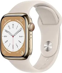 Apple Watch Series 8 (Gps + Cellular, 41mm) Gold Stainless Steel Case With Starlight Sport Band, S/M (Renewed Premium)