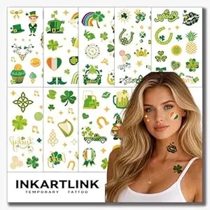 Inkartlink St. Patrick’S Day Temporary Tattoos, 8 Sheets Waterproof Shamrock Tattoo Stickers For Party Favors, Irish Parade Supplies (St. Patrick'S Day Gold Edition)