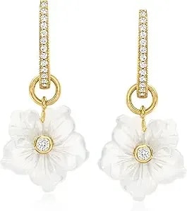 Ross-Simons Mother-Of-Pearl And .77 Ct. T.W. White Topaz Removableflower Hoop Drop Earrings In 18kt Gold Over Sterling