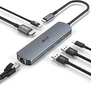 Acer 6 In 1 USB C Hub, 4K@60Hz USBC To HDMI Adapter With 1000Mbps Ethernet, 100W PD Charging, USB A/USB C Data Ports USB C Splitter For Macbook Pro/Air, Acer, Ipad, Iphone 17/16/15