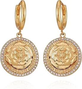Guess Goldtone Crystal Stone Coin Huggie Hoop Drop Earrings