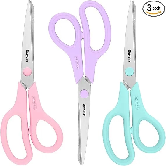 Ibayam 8.5" Scissors All Purpose, 2.5mm Sharp Blade, 3 Cute School Office - Soft Comfort-Grip, Left/Right Handed, Cuts Cardboard, Fabric, Vinyl & Leather For Office, Classroom, School & Craft Desk