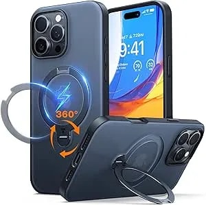 Torras Upgraded 360 Spin Magnetic Stand For Iphone 16 Pro Case, Fit For Magsafe, Built-In Kickstand & Ring Holder, Mil-Grade Protective Soft Edge Translucent Case For Iphone 16 Pro, Black 6.3''