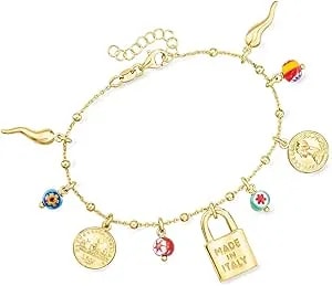 Ross-Simons Italian 18kt Gold Over Sterling Charm Bracelet With Multicolored Murano Glass Beads. 7 Inches