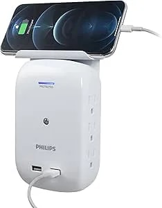 Philips 6-Outlet Tap With Device Shelf, 450j, Space Saving Design With Indicator Light, For Smartphone Charging Station, Multi-Use, 2 Usb Ports (2.4a), White – sps6022wa/37