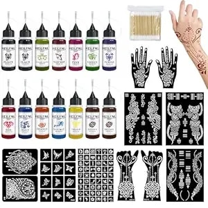 Temporary Tattoo Kit, 14 Bottles Colors Tattoo Ink With 75 Tattoo Stencils - Diy Fake Tattoos - Suitable For Adults, Teens, Women, Men & Art Painting Party