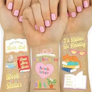 Xo, Fetti Book Lover Temporary Tattoos - 48 Gold Foil Styles - Book Club Birthday Decorations, Library Kids Party Favor, Reading Accessory, School Literary Activity