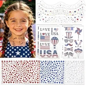 Fulztey 4th Of July Face Gems,Glitter Faux Freckles Face Tattoos With Red White Blue Face Jewels Sticker For Women,Independence Day Sticker Makeup Accessories For 4th Of July Memorial Day Decoration