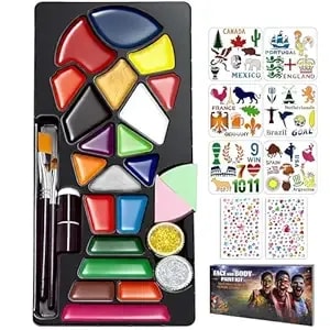 Face Painting Kit For Kids & Adults, 20 Colors Water Activated Face Paint Set With Stencils, Gems & Brushes, Washable Face Paint For Soccer Fans, Game Day, Team Spirit & Fan Celebrations