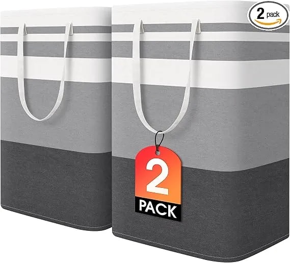 Homehacks 2 Pack Large Laundry Baskets, Laundry Hampers Bags (Grey 75lx2) - Waterproof, Freestanding, Collapsible Clothes Hamper With Reinforced Handles In Laundry Room, Dorm, Bathroom, Bedroom